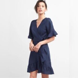 GAP navy blue linen mini ruffle wrap dress XL